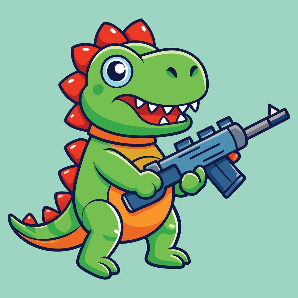cute dinosaurs with gun weapon cartoon vector
