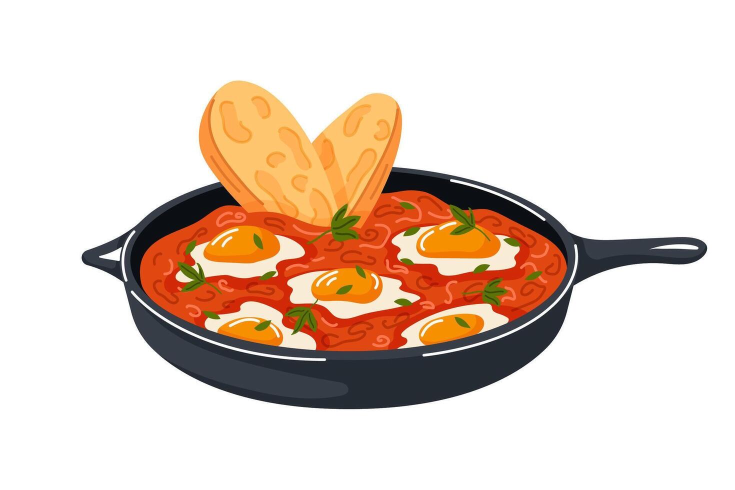 Turkish eggs menemen in pan in cartoon style. Traditional middle east breakfast cuisine with fresh bread and herbs. Isolated on a white background. vector