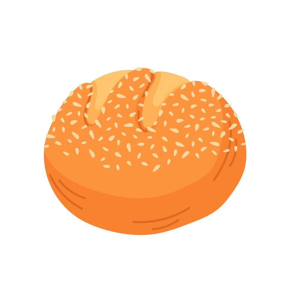 Turkish stuffed bun for breakfast in cartoon style. Traditional Turkey pogaca with sesame. Oriental bakery, fresh pastry, baked goods with seeds sprinkles for breakfast menu. vector