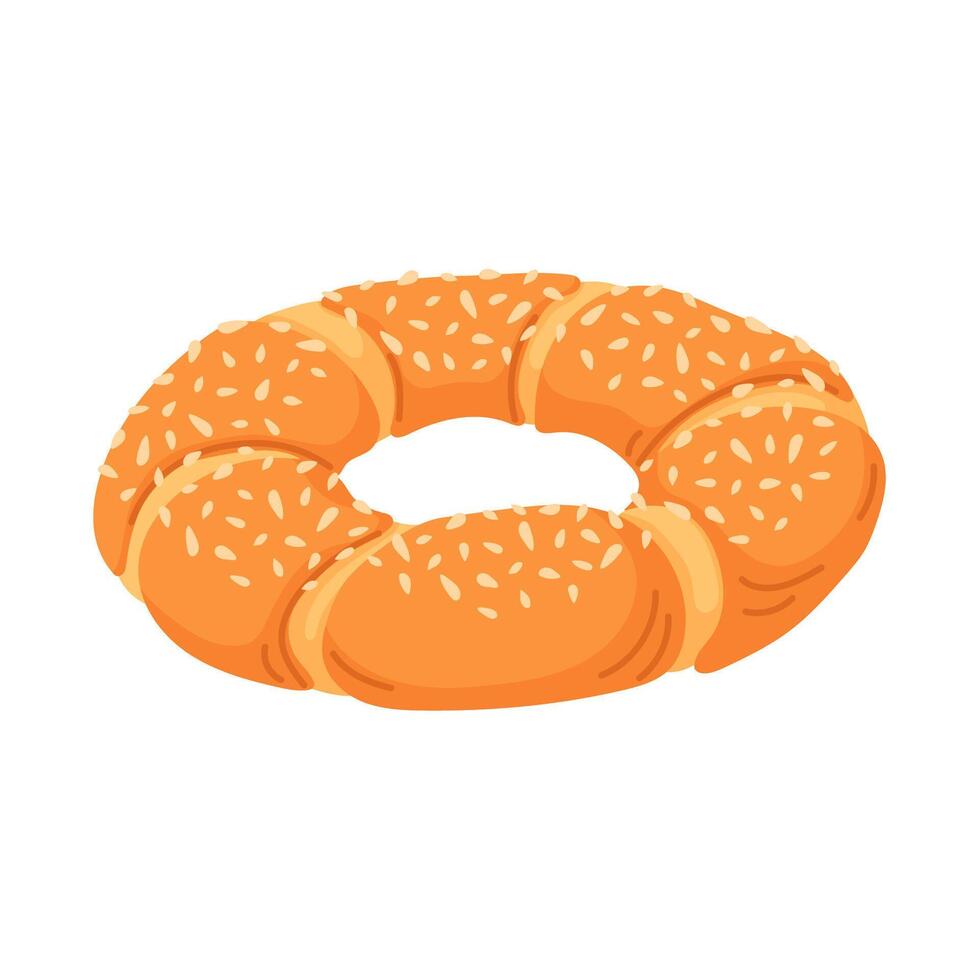 Turkish simit in cartoon style. Traditional Turkey bagel with sesame. Oriental bakery, fresh pastry, baked goods with seeds sprinkles for cafe breakfast menu. Isolated on a white background. vector