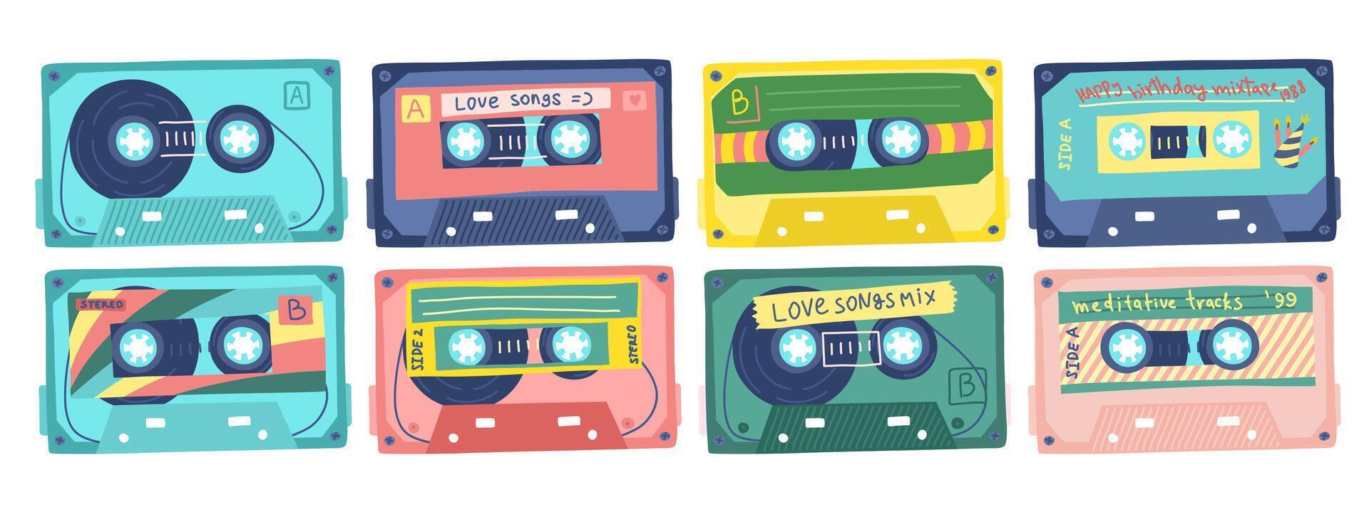 dibujos animados color retro Clásico cinta casetes íconos colocar. vector