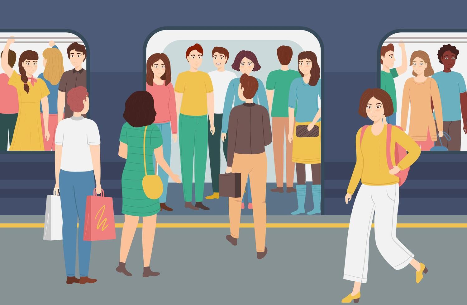 Cartoon Color Characters People and Overcrowded Underground Concept. vector