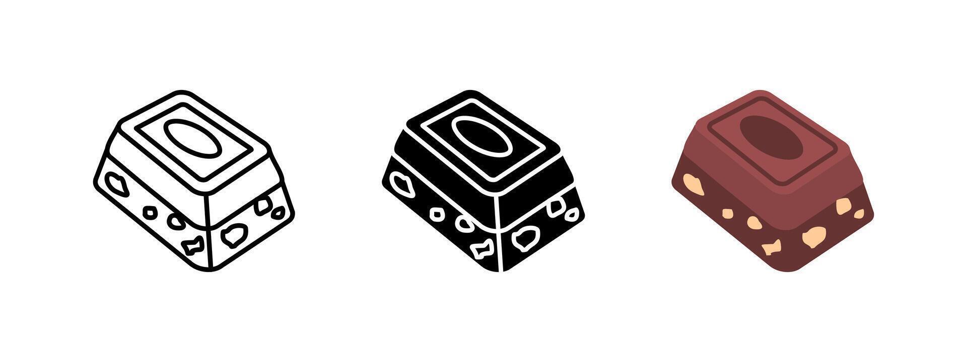 Chocolate candy icon. Gourmet dessert illustration. Sweet cocoa treat symbol. Praline confectionery snack sign. Delicious bonbon design. Chocolate bar square piece pictogram. vector
