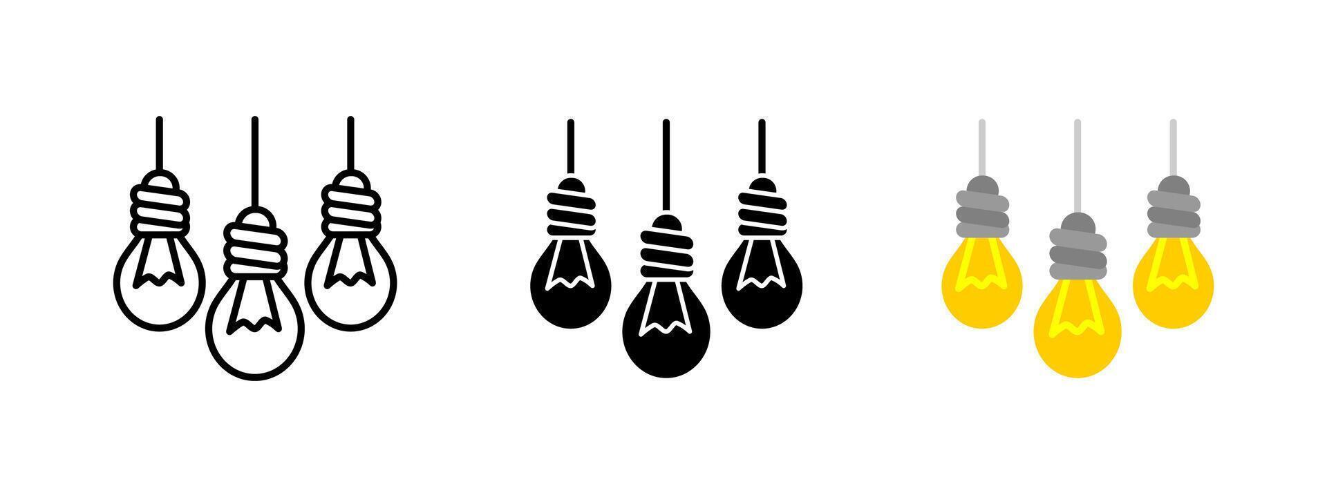 Hanging light bulbs icon. Vintage illumination illustration. Electricity power lamp symbol. Retro filament ceiling sign. Interior lighting decor concept. Edison light bulb pictogram. vector