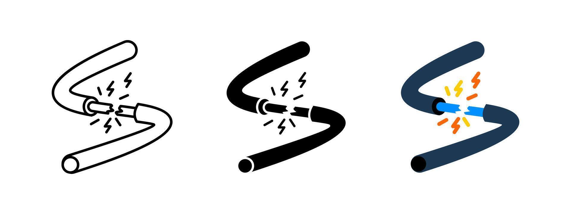 Short circuit icon. Broken electric wire illustration. Electricity power failure symbol. High voltage spark sign. Electrical hazard accident concept. Electric cable disruption pictogram. vector