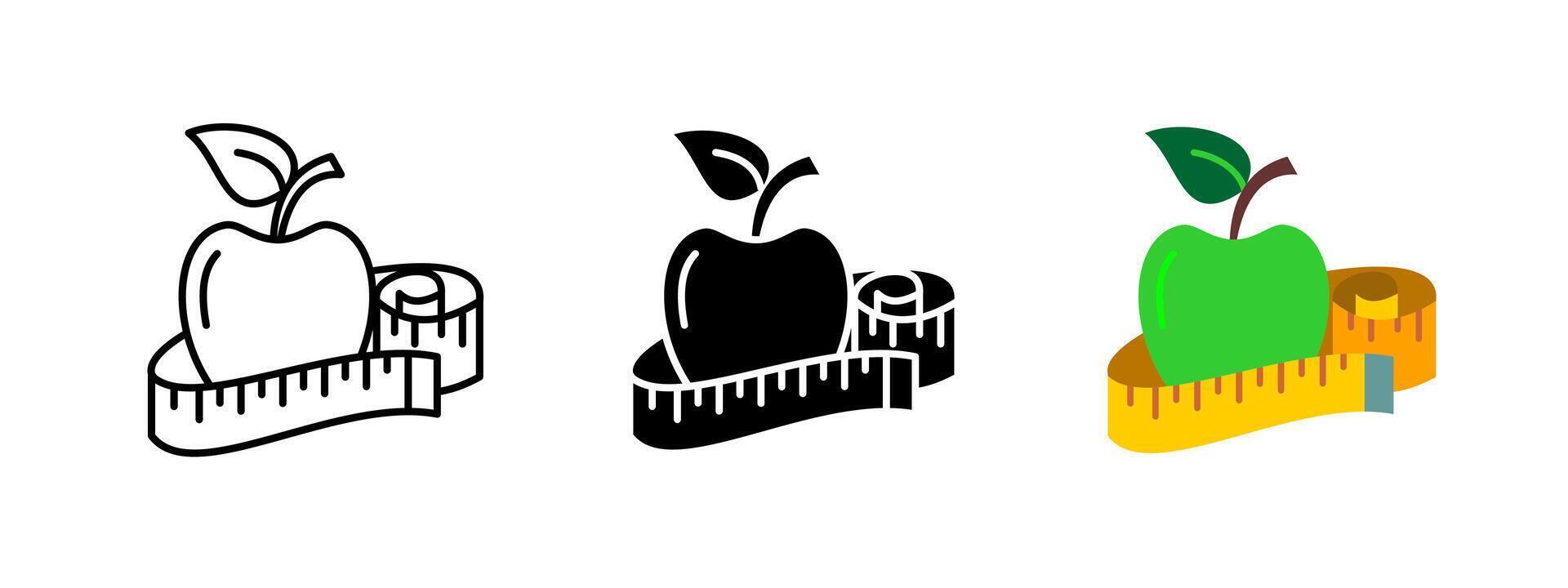 Healthy diet icon. Weight loss and nutrition illustration. Fitness and wellness symbol. Apple and tape measure sign. Balanced eating and nourishment pictogram. Body weight control concept. vector