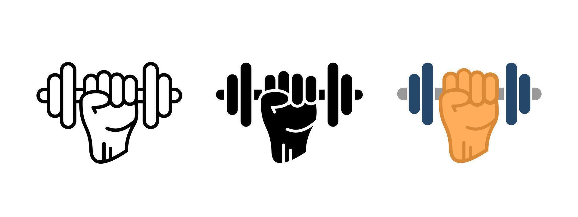 Strength training icon. A clenched fist holding a dumbbell illustration. Fitness and workout symbol. Gym and bodybuilding sign. Powerlifting and endurance pictogram. vector