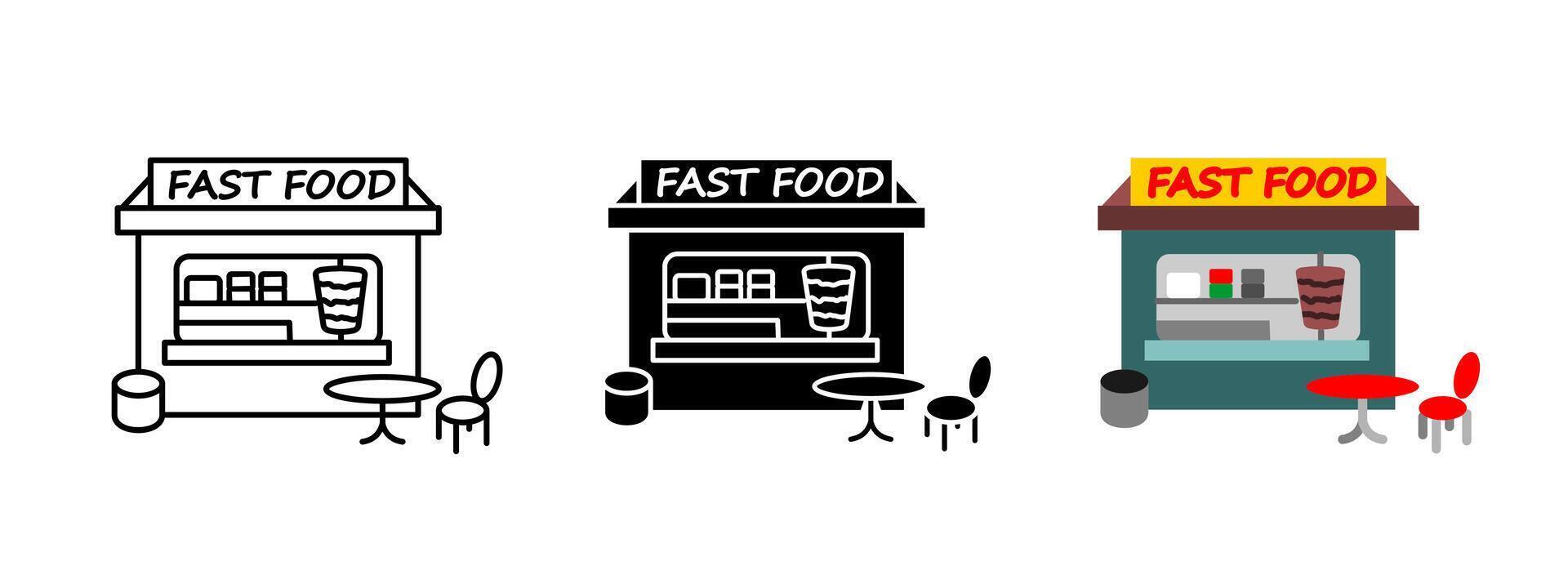 Fast food restaurant icon. Building facade with burger sign illustration. Quick meal and snack symbol. Takeaway cafe design. Doner kebab kiosk pictogram. Fastfood shop concept. vector