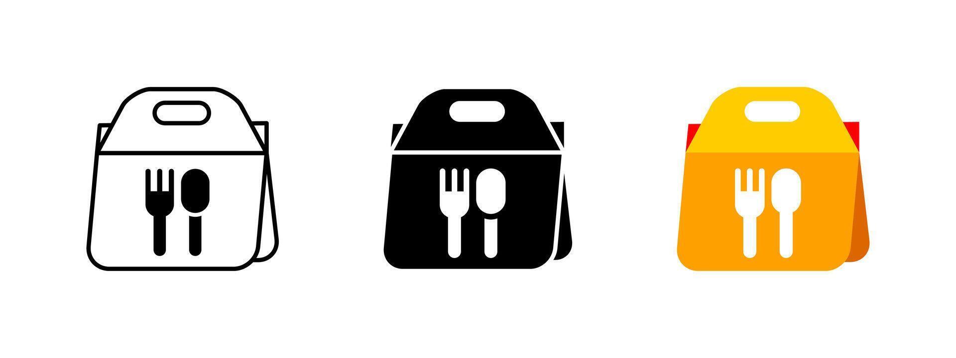 Lunchbox icon. Food delivery bag illustration. Takeaway meal package symbol. Meal paper container sign. Lunch to go box pictogram. Restaurant order concept. vector