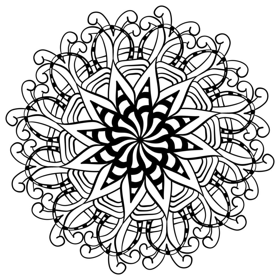 Doodle outline mandala with striped motifs, tangled coloring page for activity or design vector
