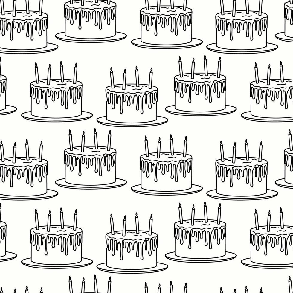 Pattern of birthday cakes with candles and drizzle design on a light background vector