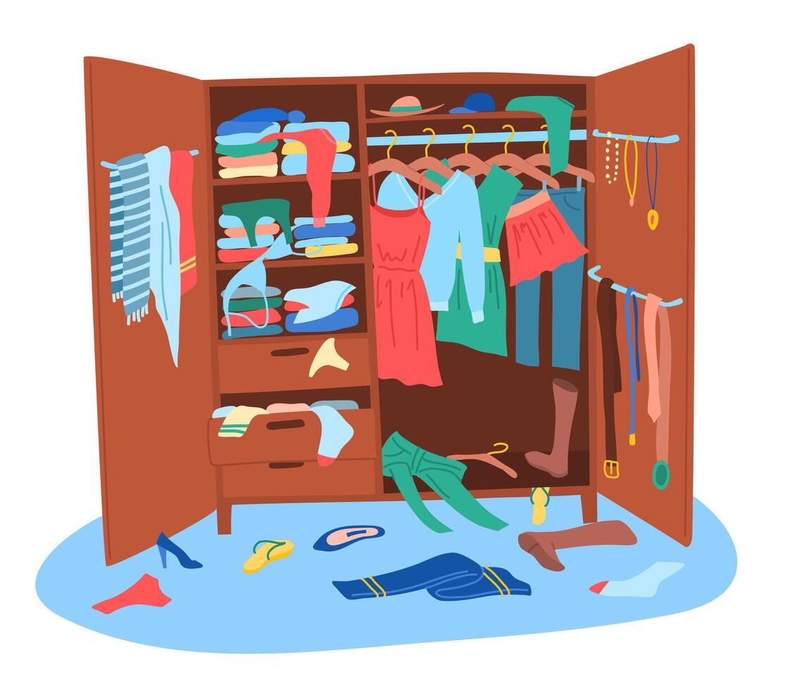 Cartoon Color Messy Wardrobe Concept. vector