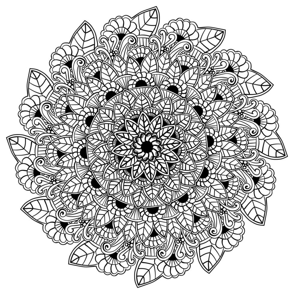 Abstract outline mandala with doodle flowers and leaves, tangled coloring page for activity or design vector