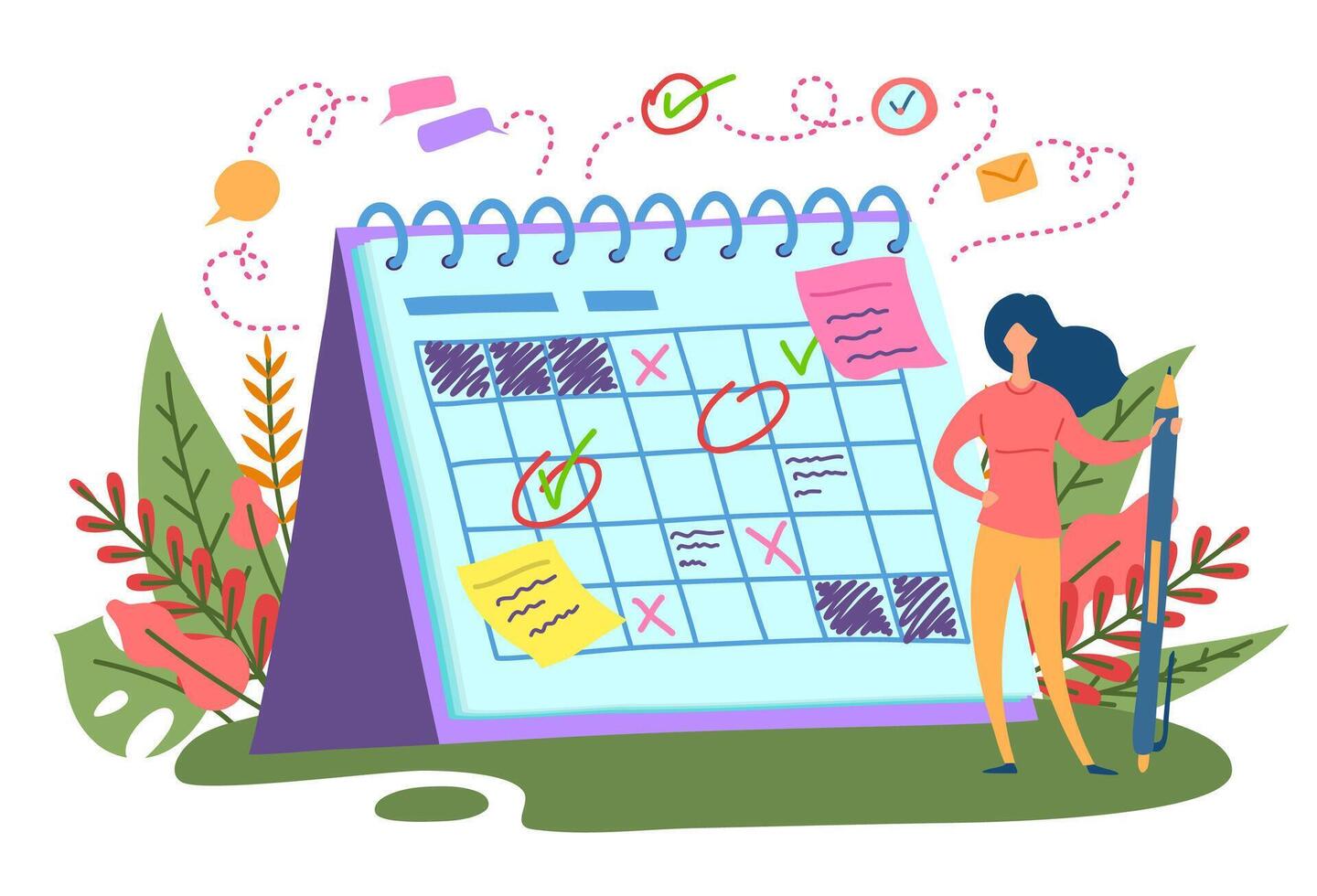 Cartoon Color Character Person Woman and Planning Day Scheduling Concept. vector