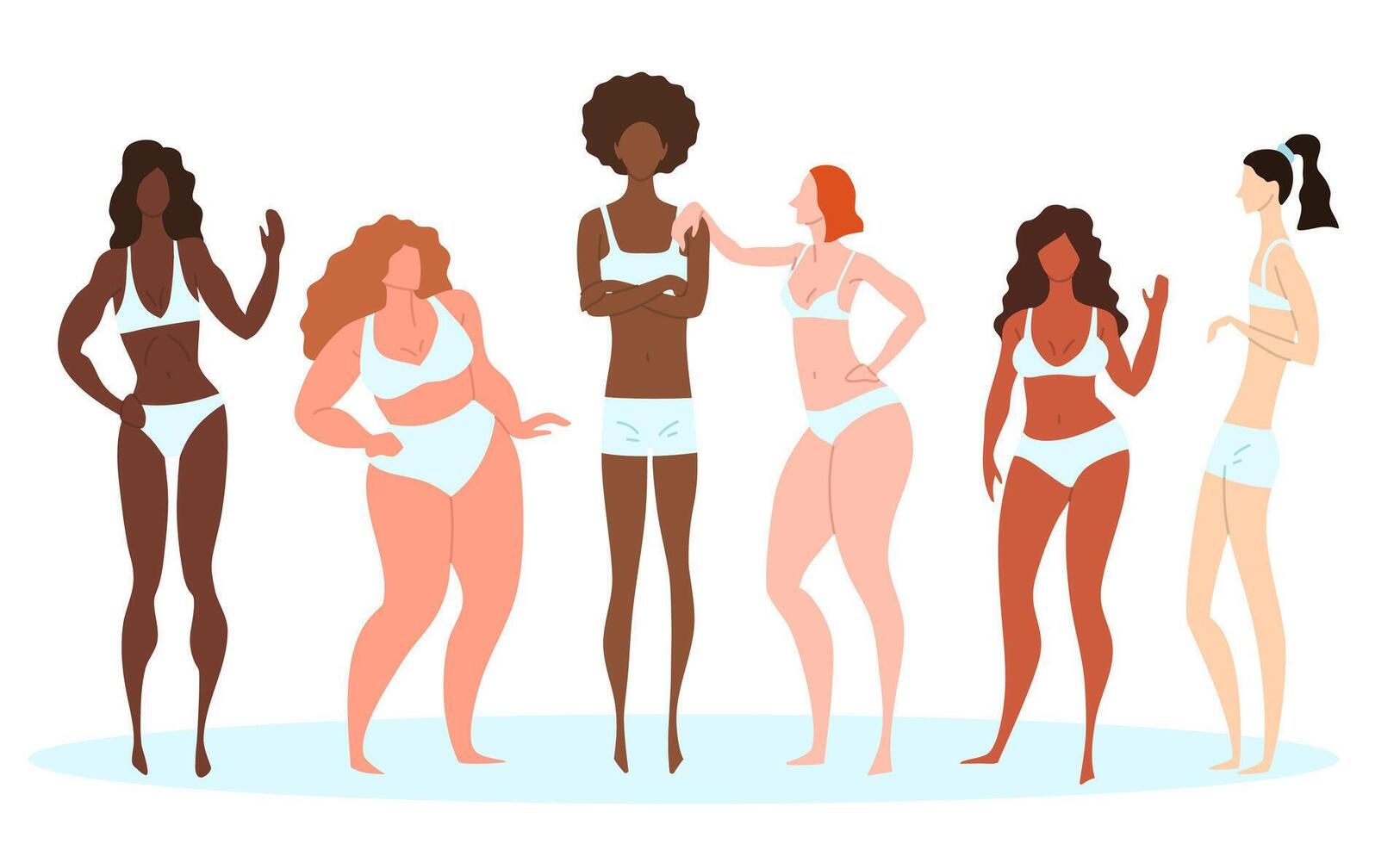 Cartoon Color Characters Women Different Body Types Concept. vector