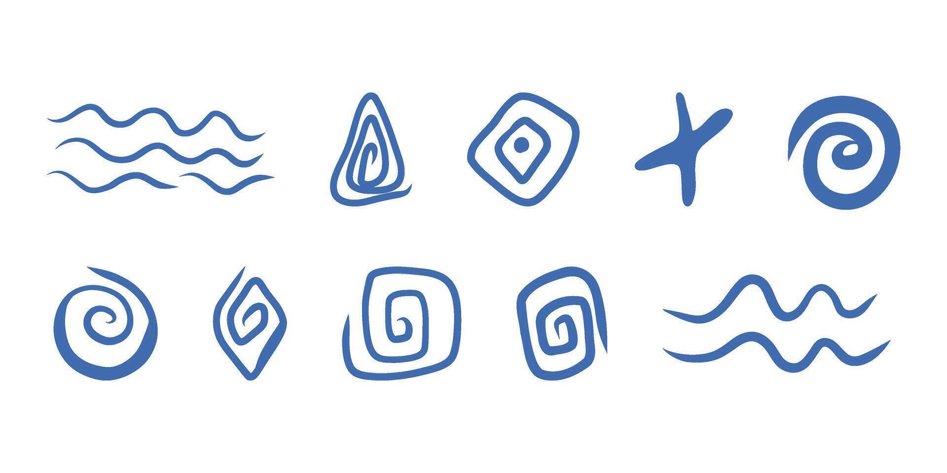 Set of Blue Abstract ornament elements, squiggly lines and waves, motifs, lines vector