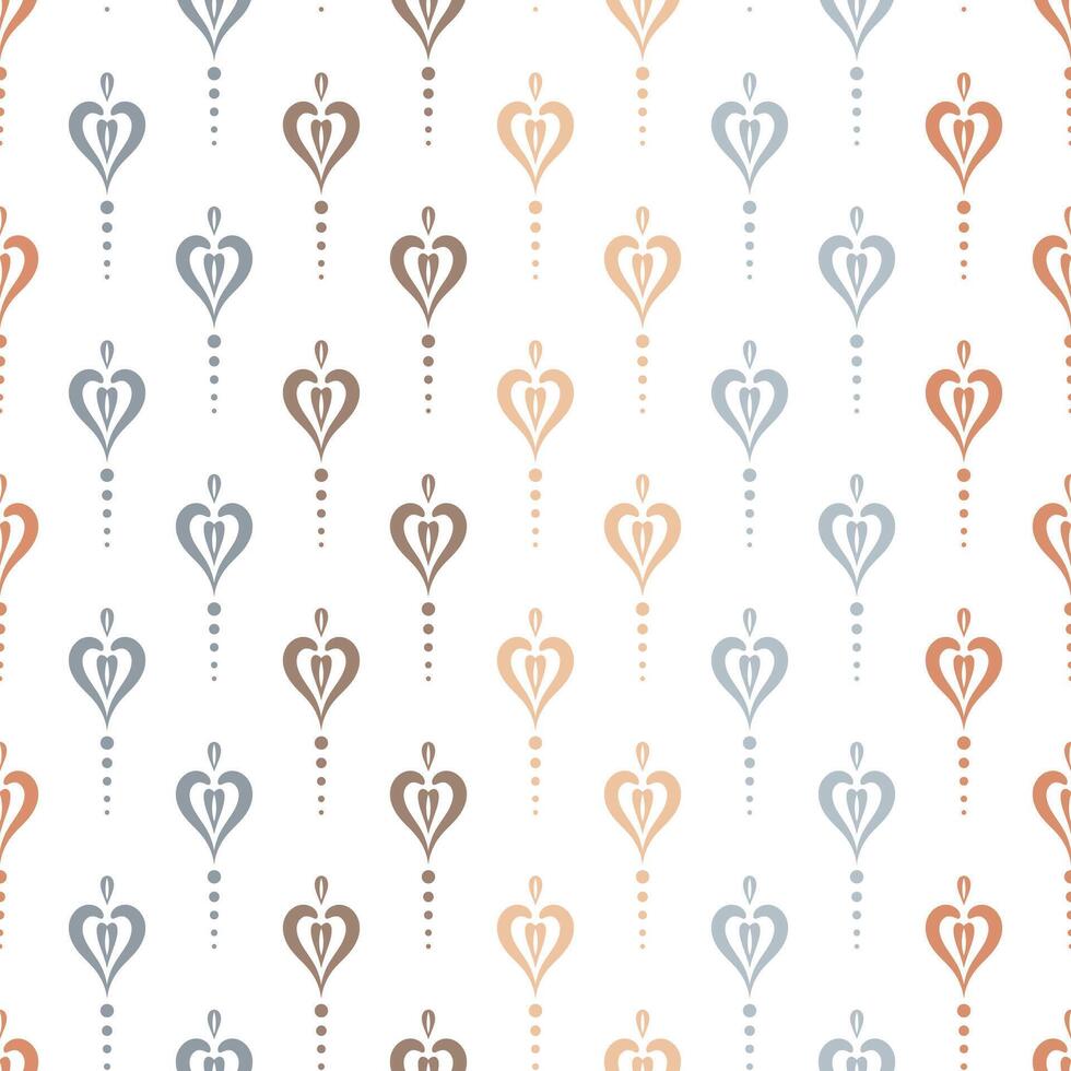 seamless pattern with stylized hearts hanging from a row of small dots. Background with elements in alternating shades of pastel colors. Delicate simple bohemian backdrop for textile, linen, shirts vector
