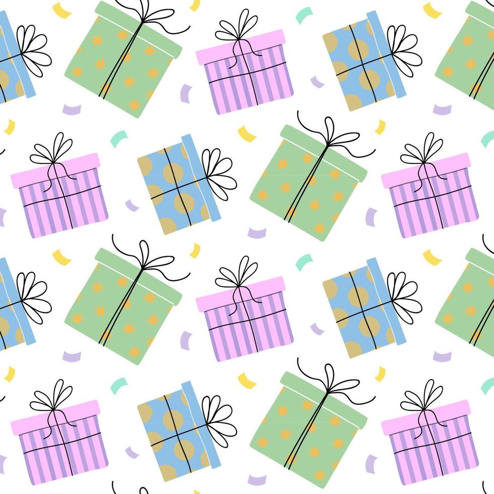 Colorful wrapped gifts scattered with confetti on a festive background vector