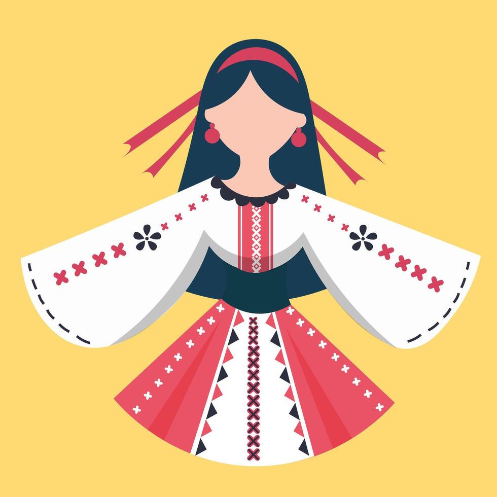 Romanian girl wearing a romanian knitted ie with slavic traditional motifs. White and red blouse from Romania for 1st of december. vector