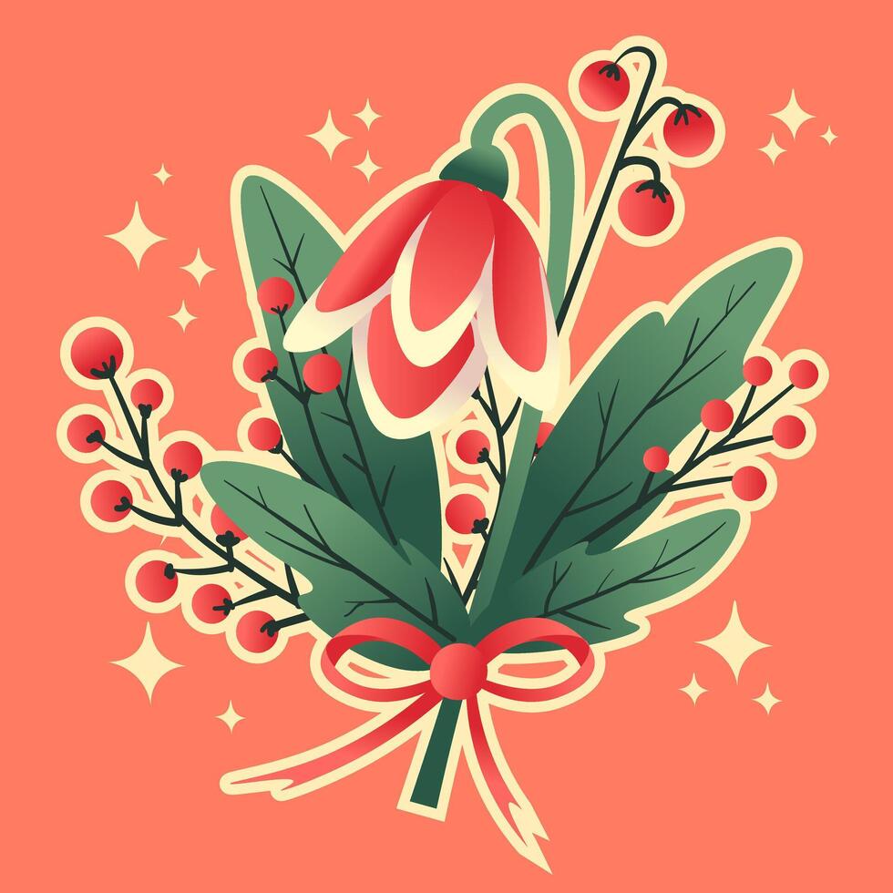 Conceptual bouquet with snowdrop and leaves for 1st of march. Romanian martisor celebration with a tulip and ribbon. vector