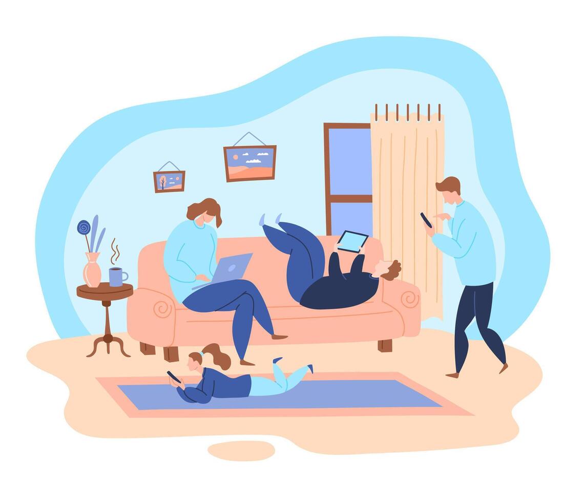 Cartoon Color Characters People Family and Social Media Addiction Concept. vector