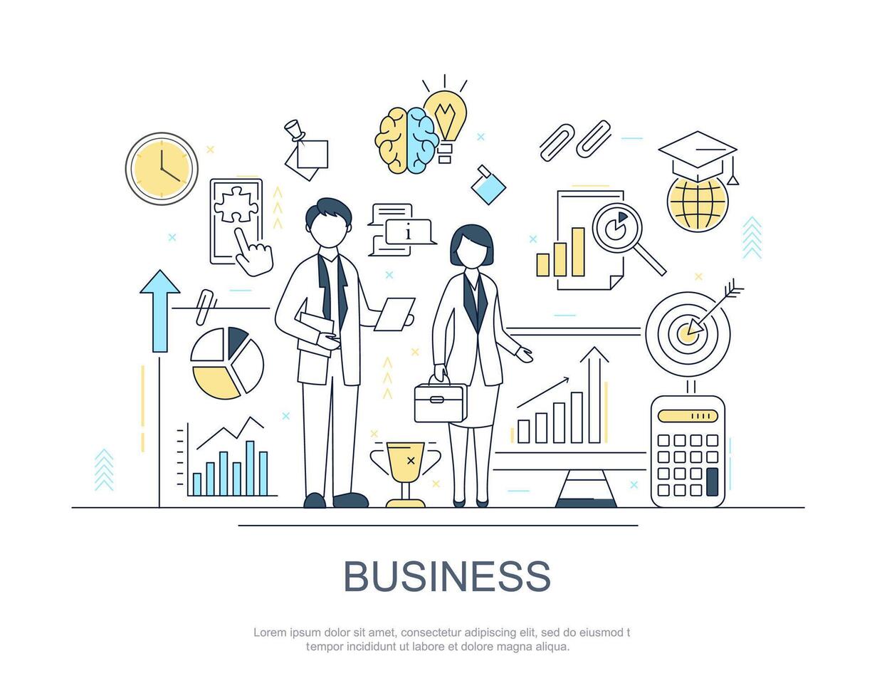 Characters People and Business to Business Concept Contour Linear Style. vector