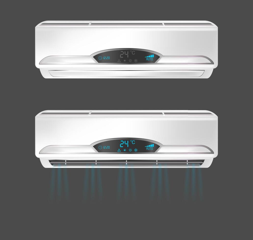 Realistic Detailed 3d Air Conditioner Set. vector