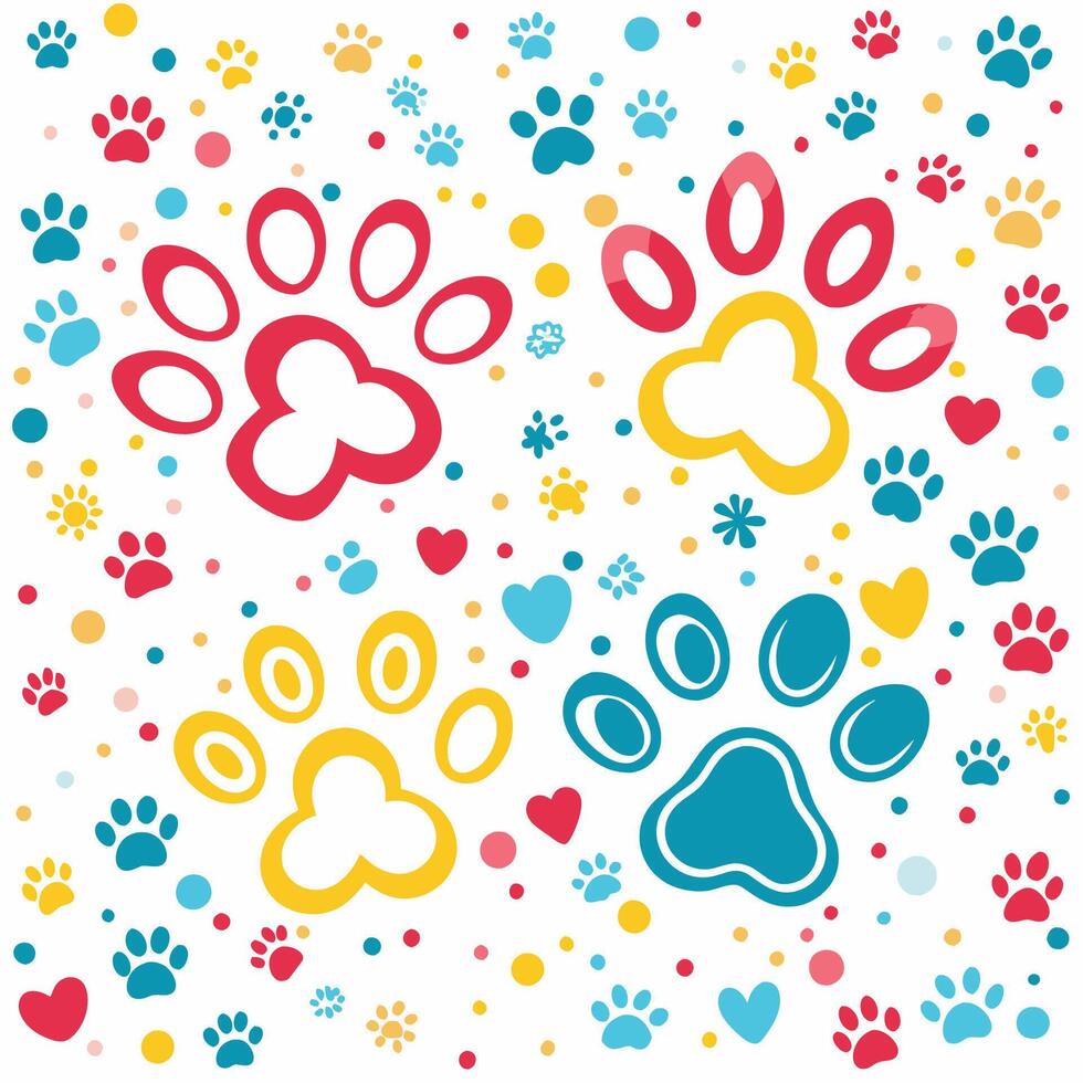 paw prints and hearts on a white background, vector