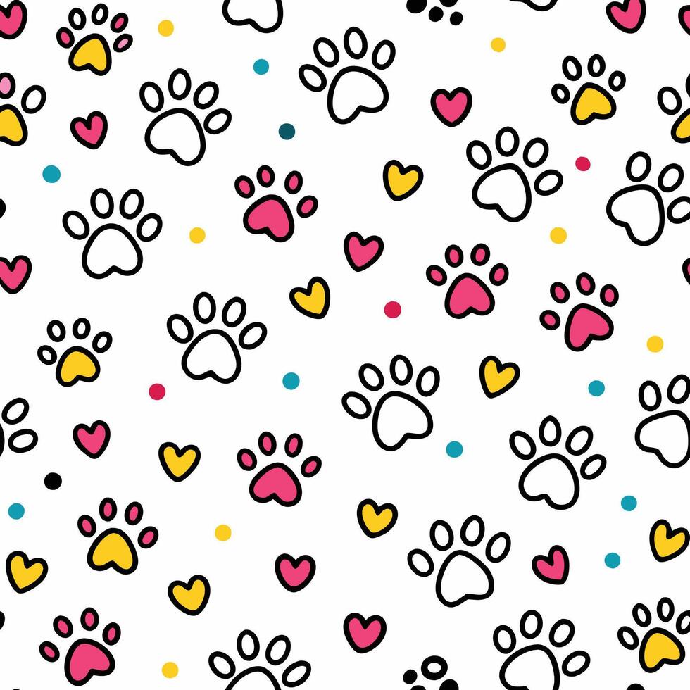 seamless pattern with paw prints and hearts vector
