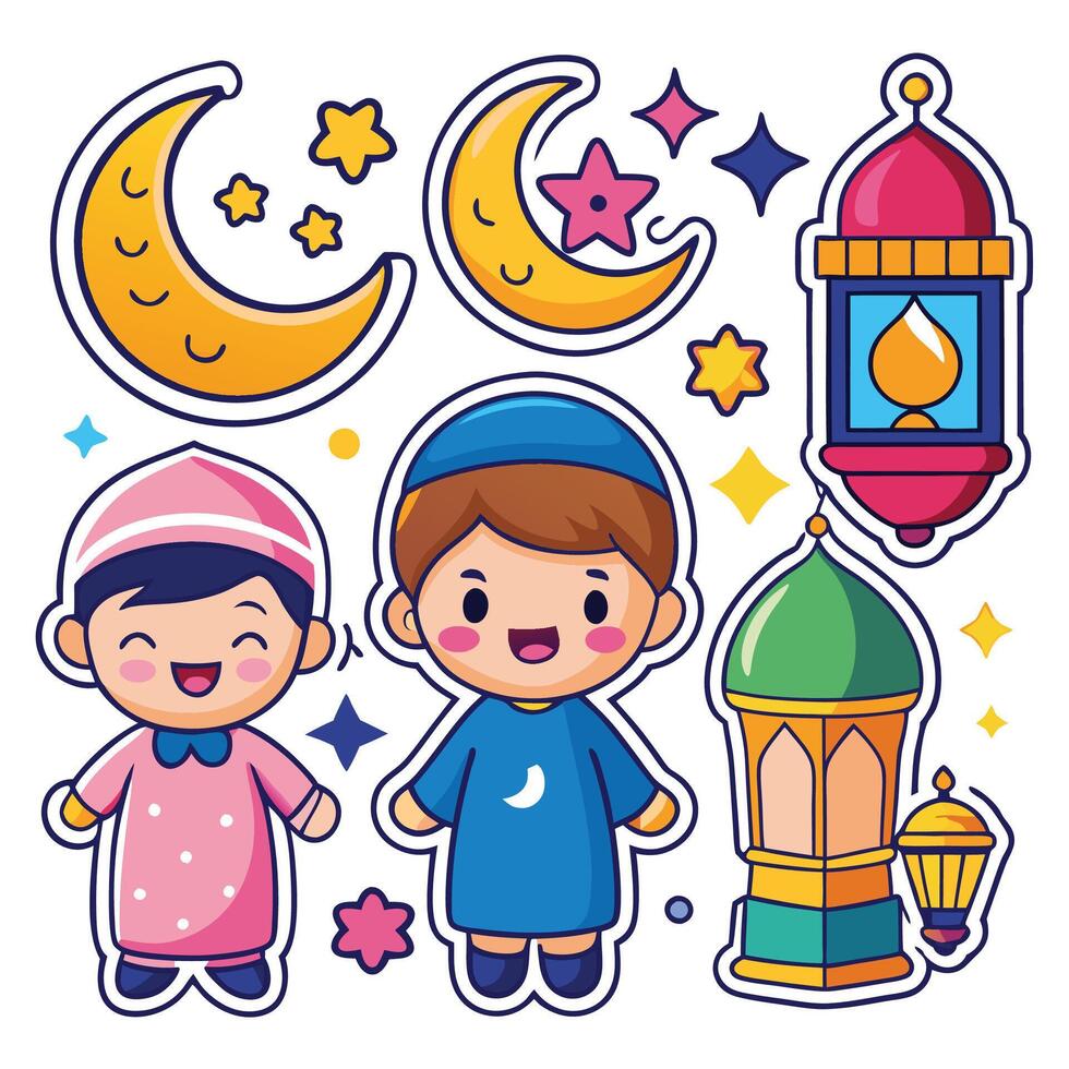 cartoon islamic kids with moon and crescent vector