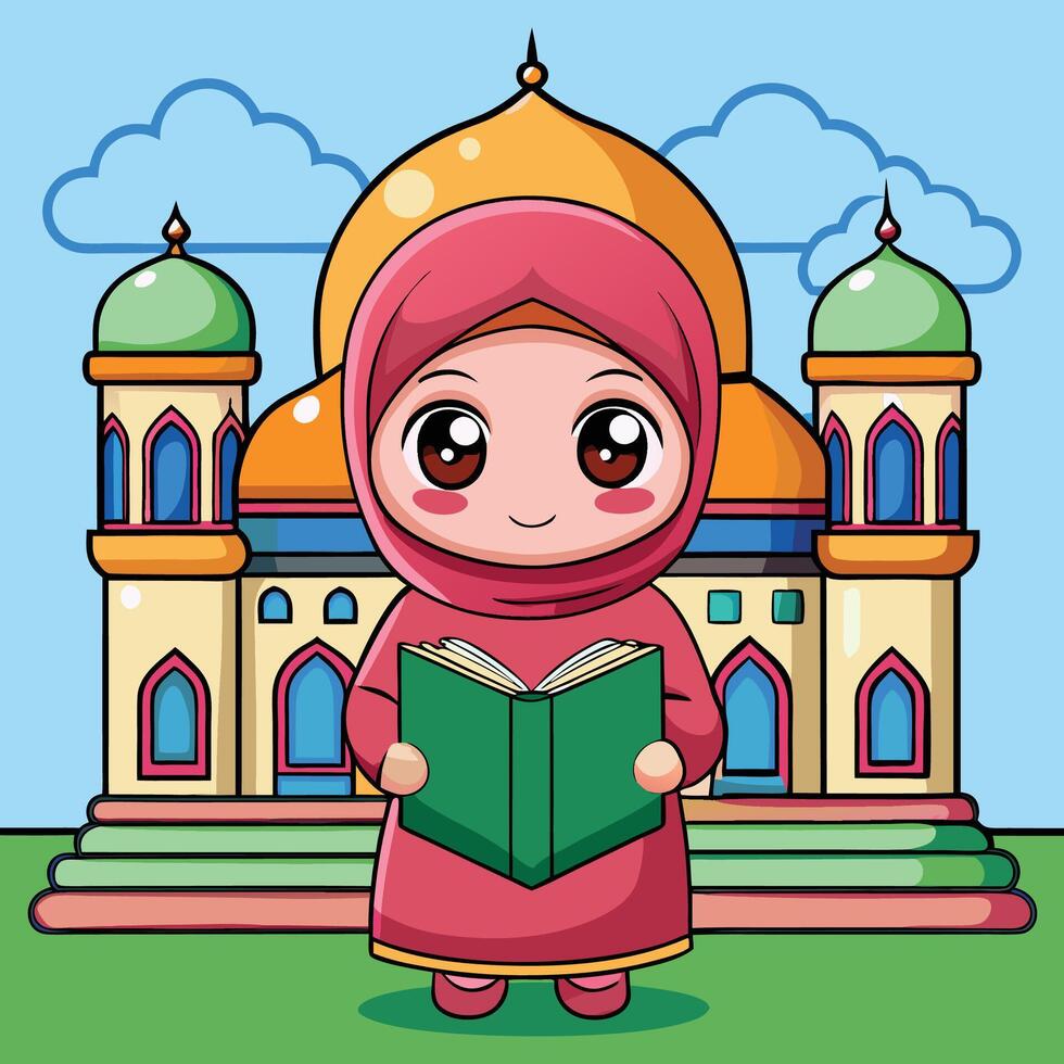 muslim girl reading book in front of mosque illustration vector
