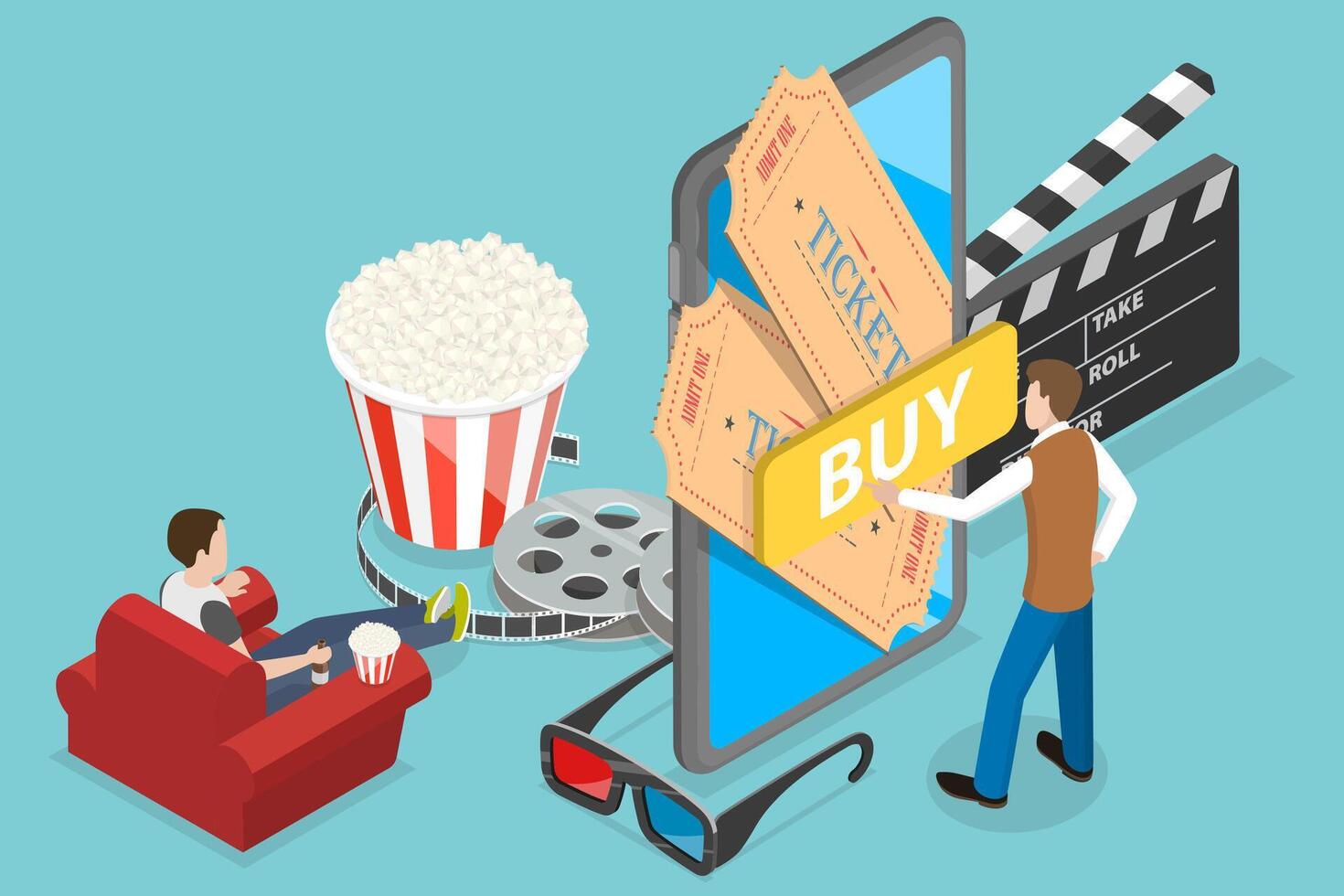 3D Isometric Flat Conceptual Illustration of Movie Tickets Online vector