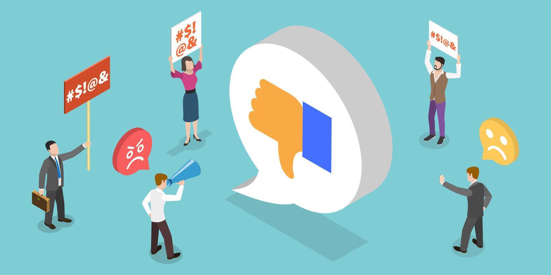 3D Isometric Flat Conceptual Illustration of Hate Comments vector