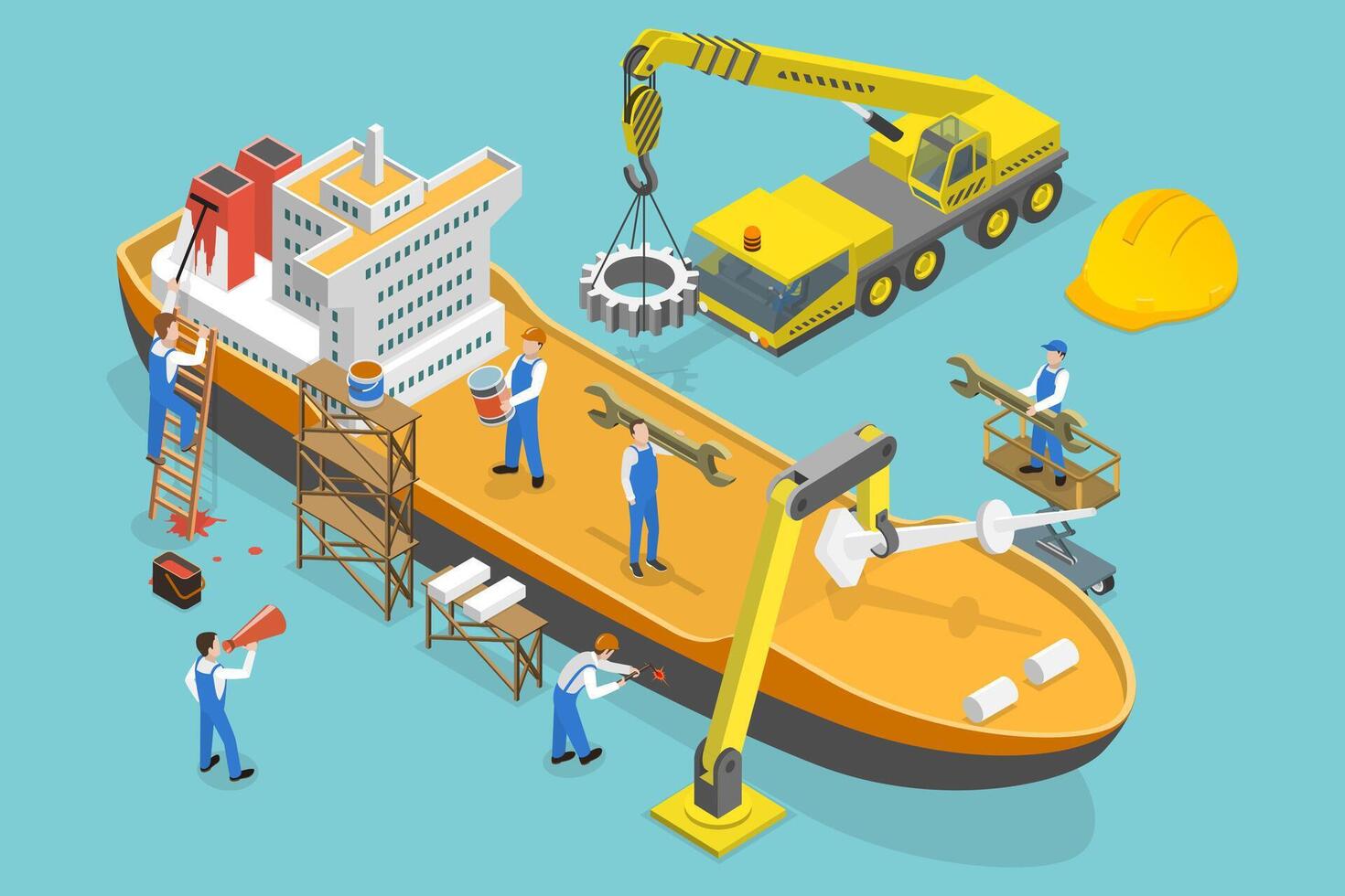 3D Isometric Flat Conceptual Illustration of Shipbuilding vector