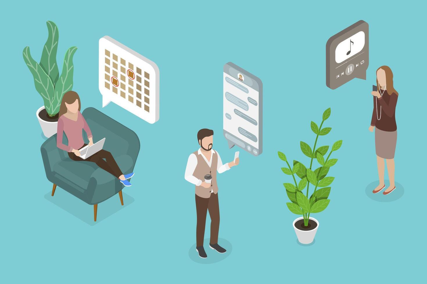 3D Isometric Flat Conceptual Illustration of People Using Mobile Apps vector