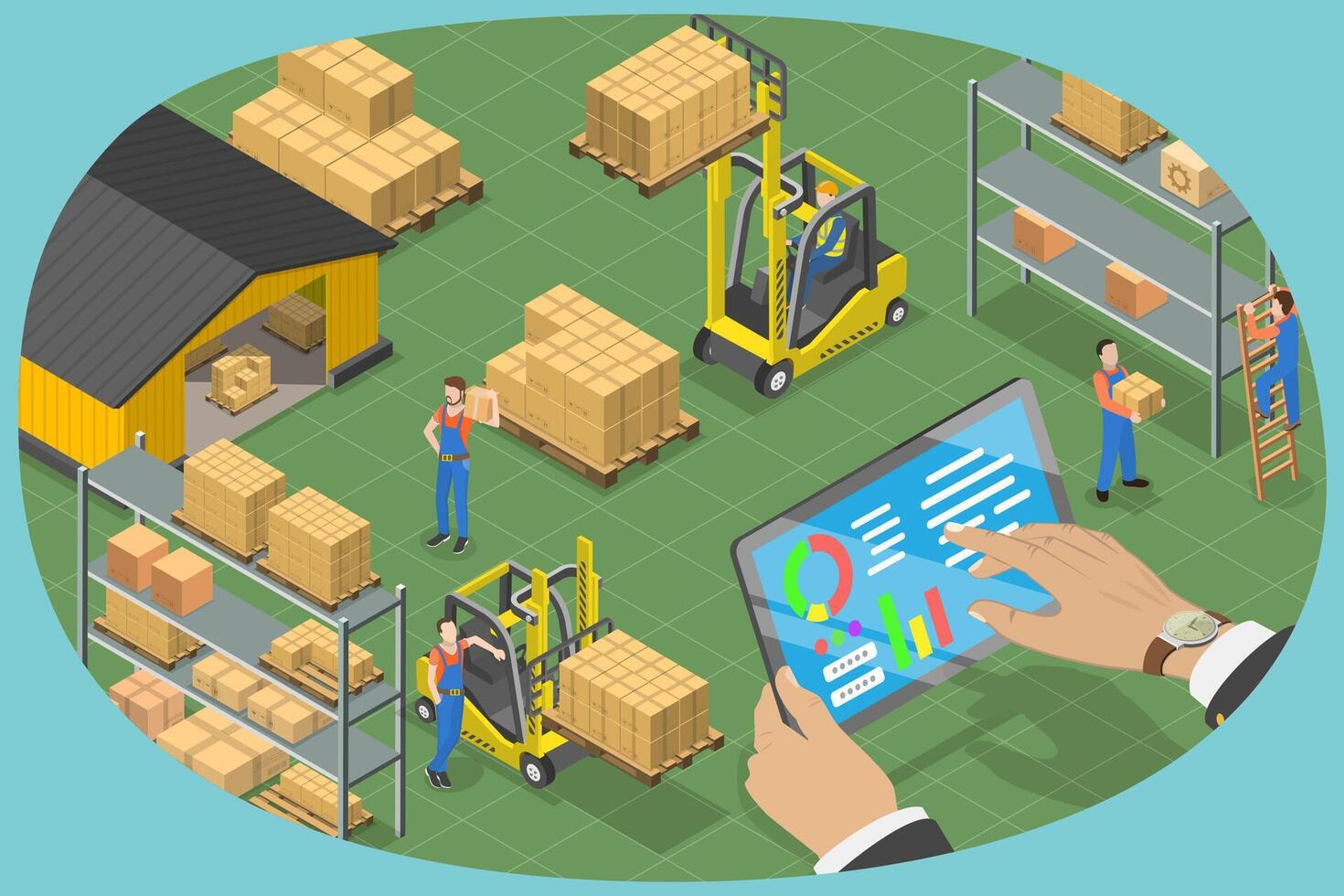 3D Isometric Flat Conceptual Illustration of Warehouse Management Software. vector