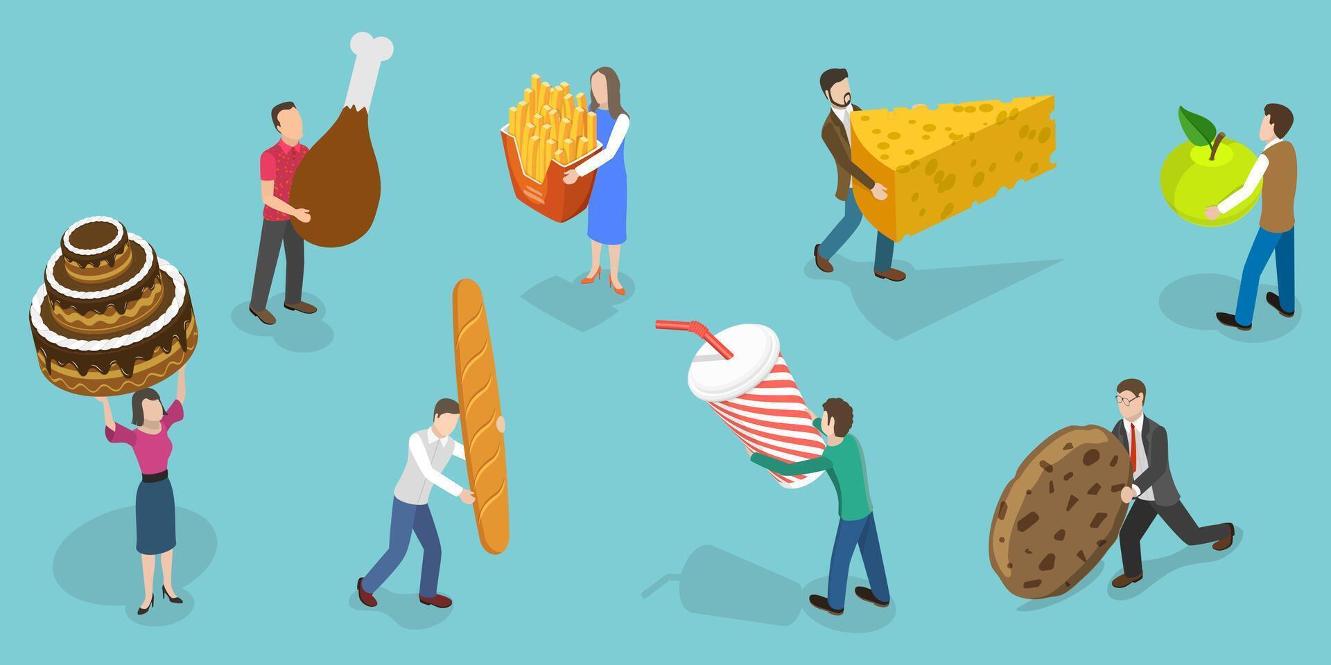 3D Isometric Flat Conceptual Illustration of People With Food vector