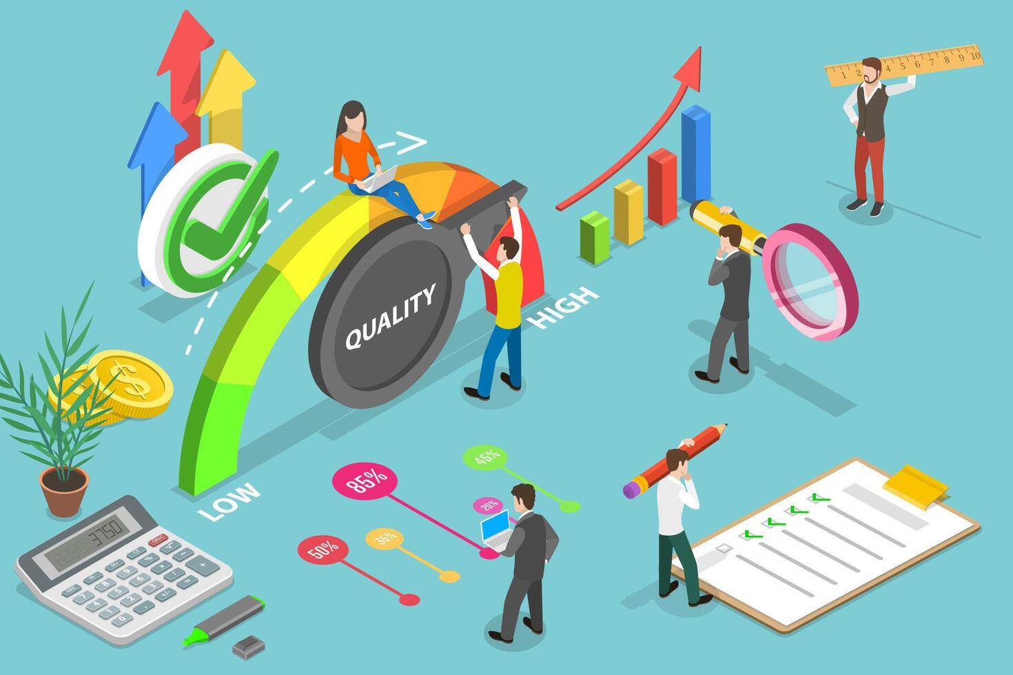 3D Isometric Flat Conceptual Illustration of Measuring Quality vector