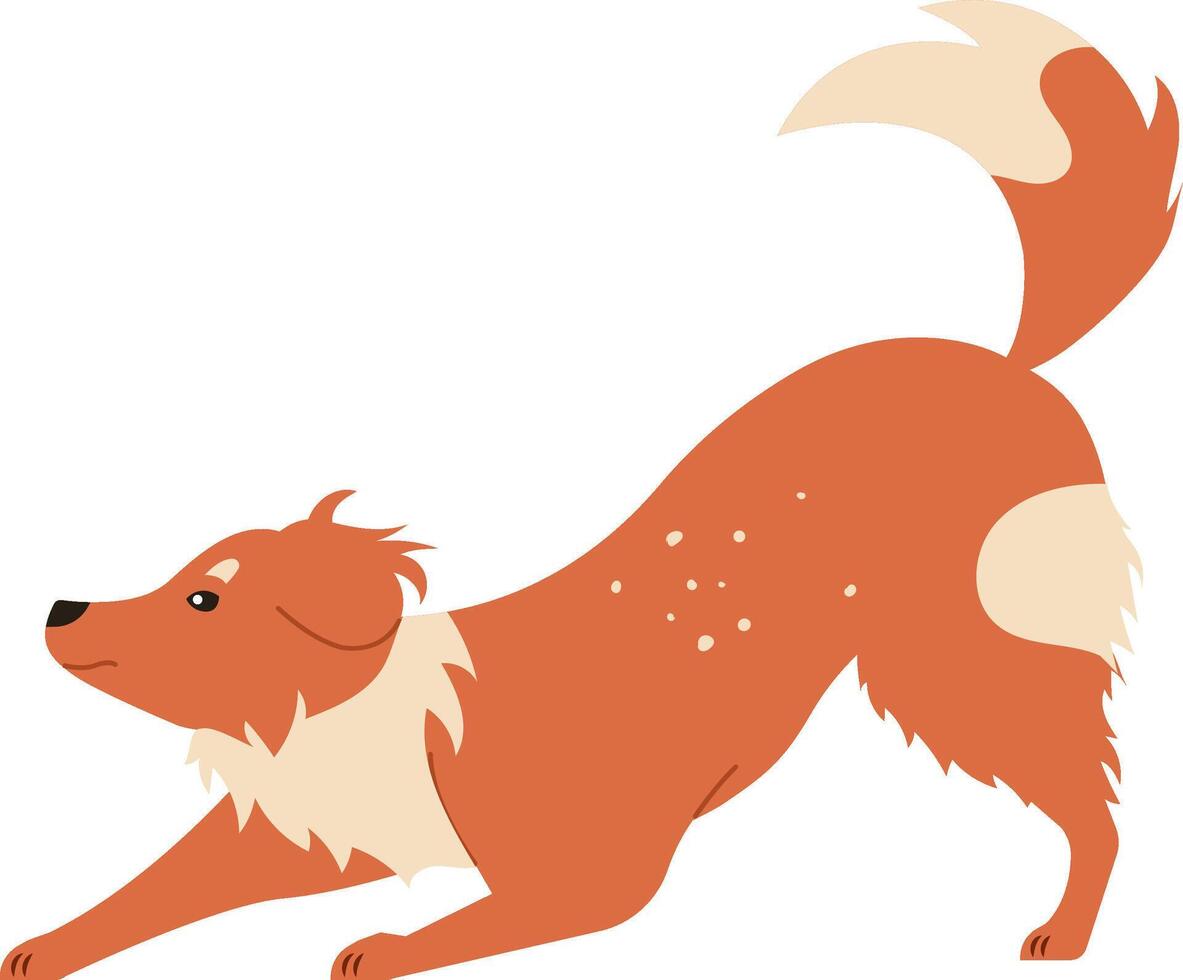 Adorable cartoon style illustration of a playful dog stretching with a bushy tail and fluffy fur, showcasing a lively and energetic pose. Ideal for pet themed designs and childrens materials vector