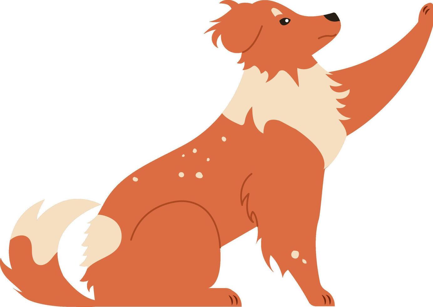 Illustration of a friendly collie dog with a raised paw, showcasing its fluffy coat and attentive expression. Perfect for pet related designs and animal themed projects vector