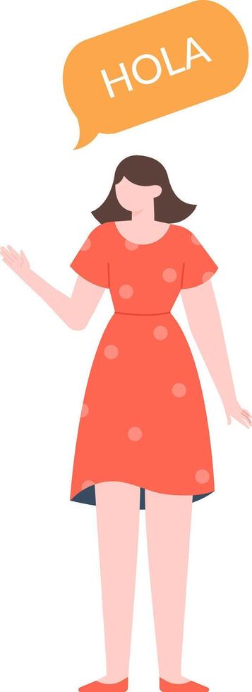 Young woman wearing a red dress is waving and saying hello in spanish with a speech bubble showing the word hola, simple flat illustration vector