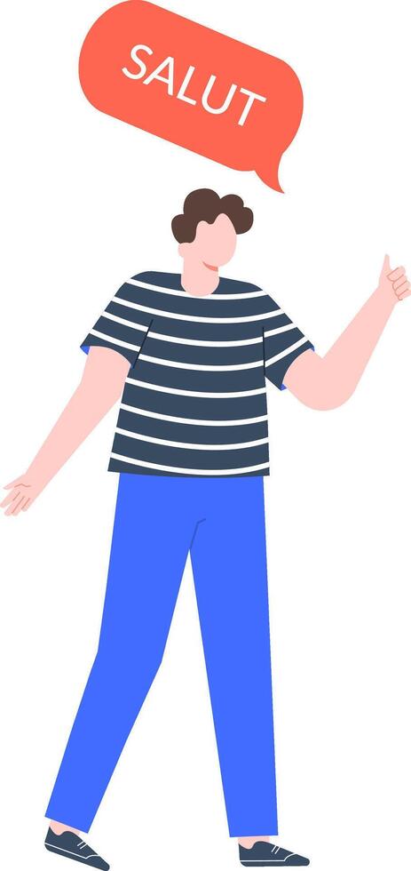 Full length illustration of a young man gesturing a thumbs up with a speech bubble saying salut, expressing approval and greeting in French vector