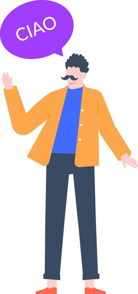 Young Italian man with a mustache waving cheerfully and saying hello, accompanied by a speech bubble displaying ciao, illustrated in full body on a clean white background vector