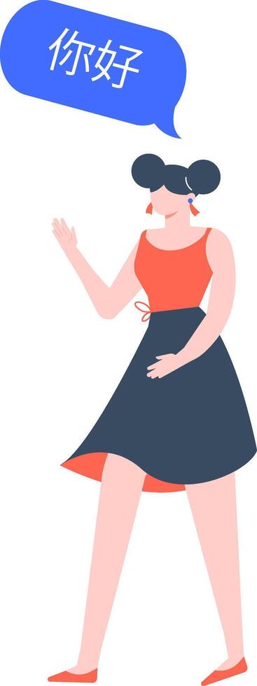 Full length illustration featuring a young woman walking and waving, accompanied by a speech bubble displaying ni hao, which translates to hello in Mandarin Chinese vector