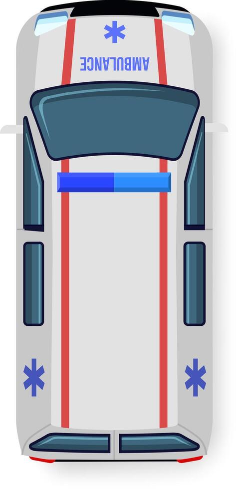 Detailed illustration showcasing the top view of an emergency ambulance vehicle with distinct blue and red markings, emphasizing medical transportation and urgency in healthcare services vector