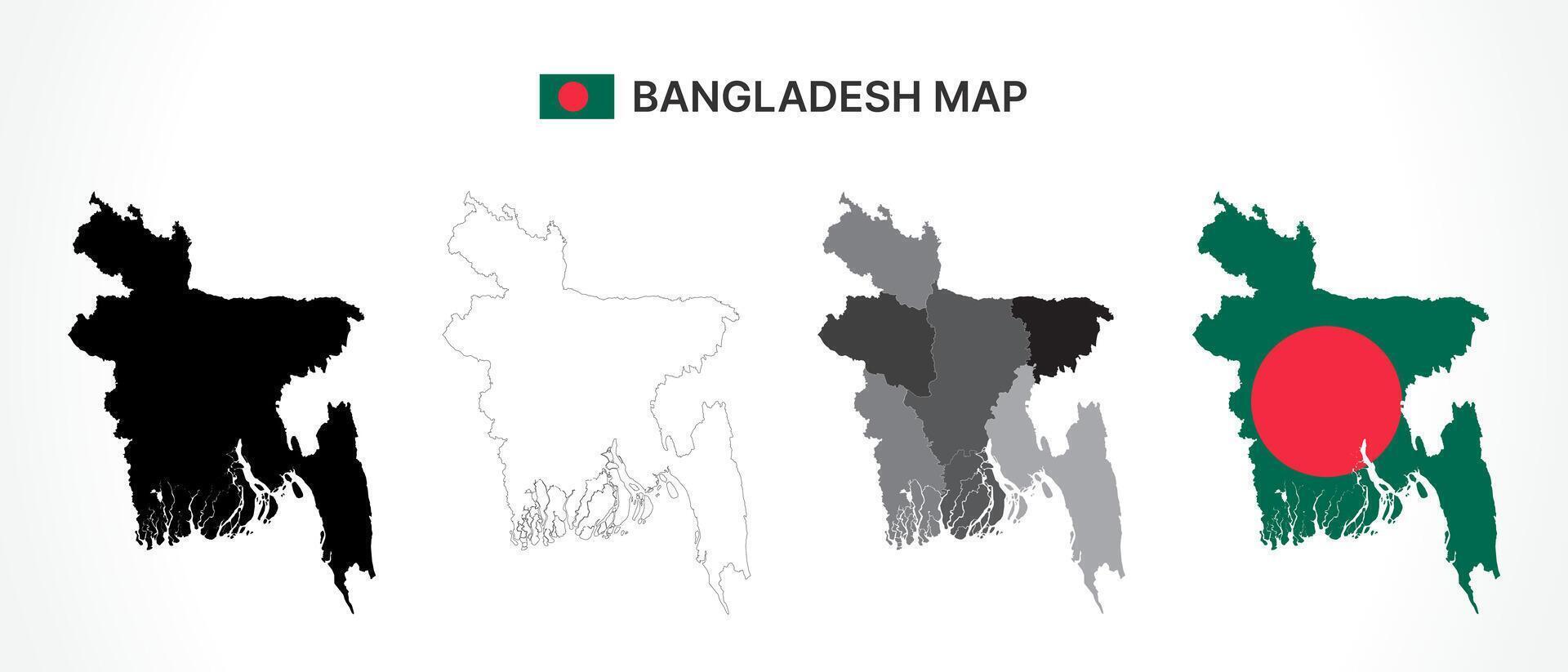 Detailed Bangladesh Map Collection with Outline, Silhouette, Administrative Divisions, and Flag Overlay Variations vector