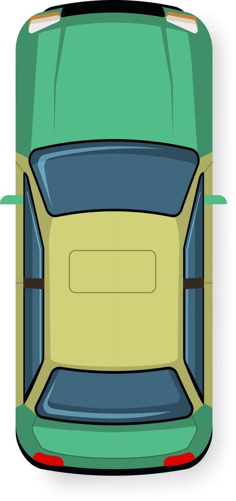 Aerial view of a green car parked, showcasing its roof, hood, windshield, rear window, and taillights, ideal for transportation or automotive related projects vector