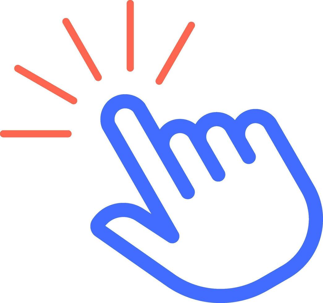 Cartoon hand cursor clicking with index finger making bright light effect, simple outline illustration isolated over white background vector