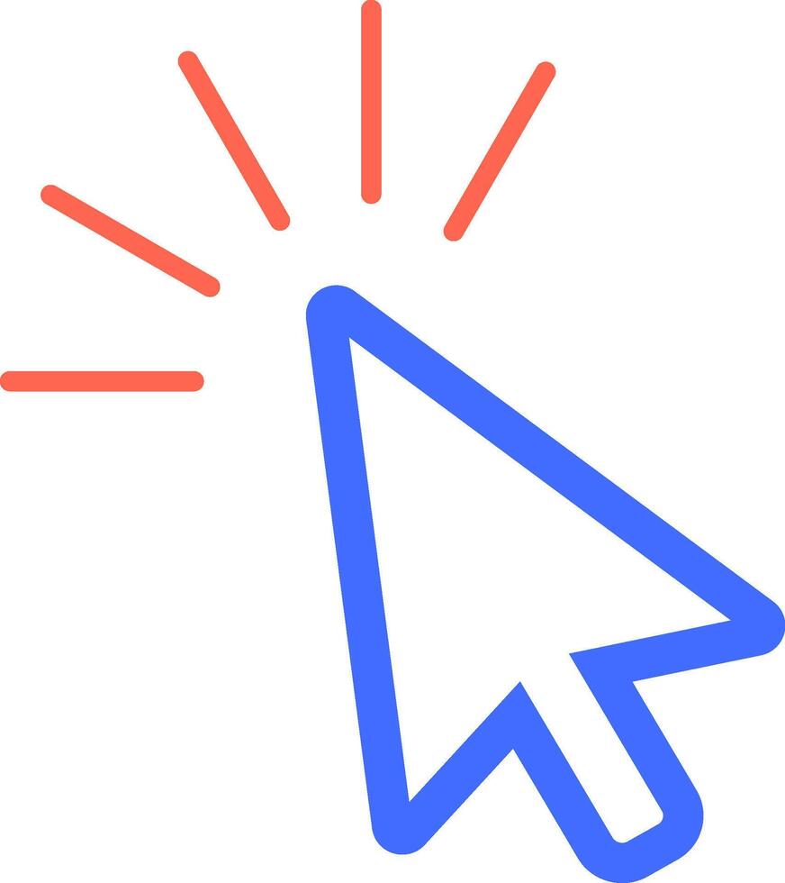 azul ratón cursor haciendo clic con rojo radial líneas en expansión desde el consejo, simbolizando un interactivo acción o selección en un digital interfaz vector