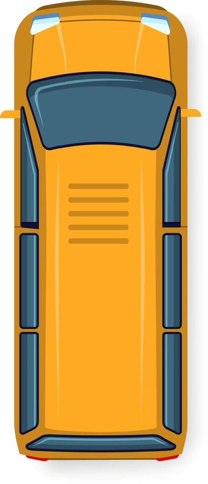 Illustration showing a top down view of a classic yellow school bus with dark tinted windows, emphasizing its iconic design and structure. Ideal for educational and transportation themes vector